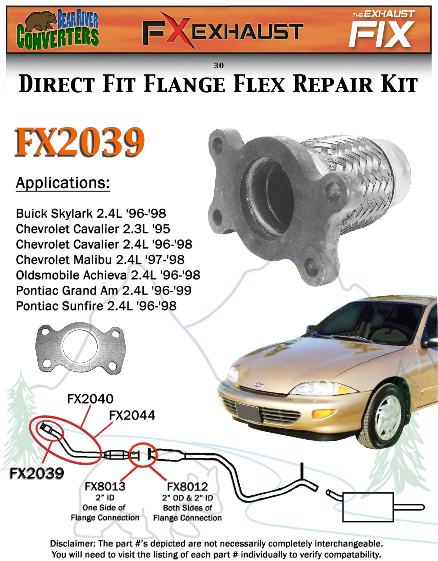 FX2039 Semi Direct Fit Exhaust Flange Repair Flex Pipe Replacement Kit With Gasket