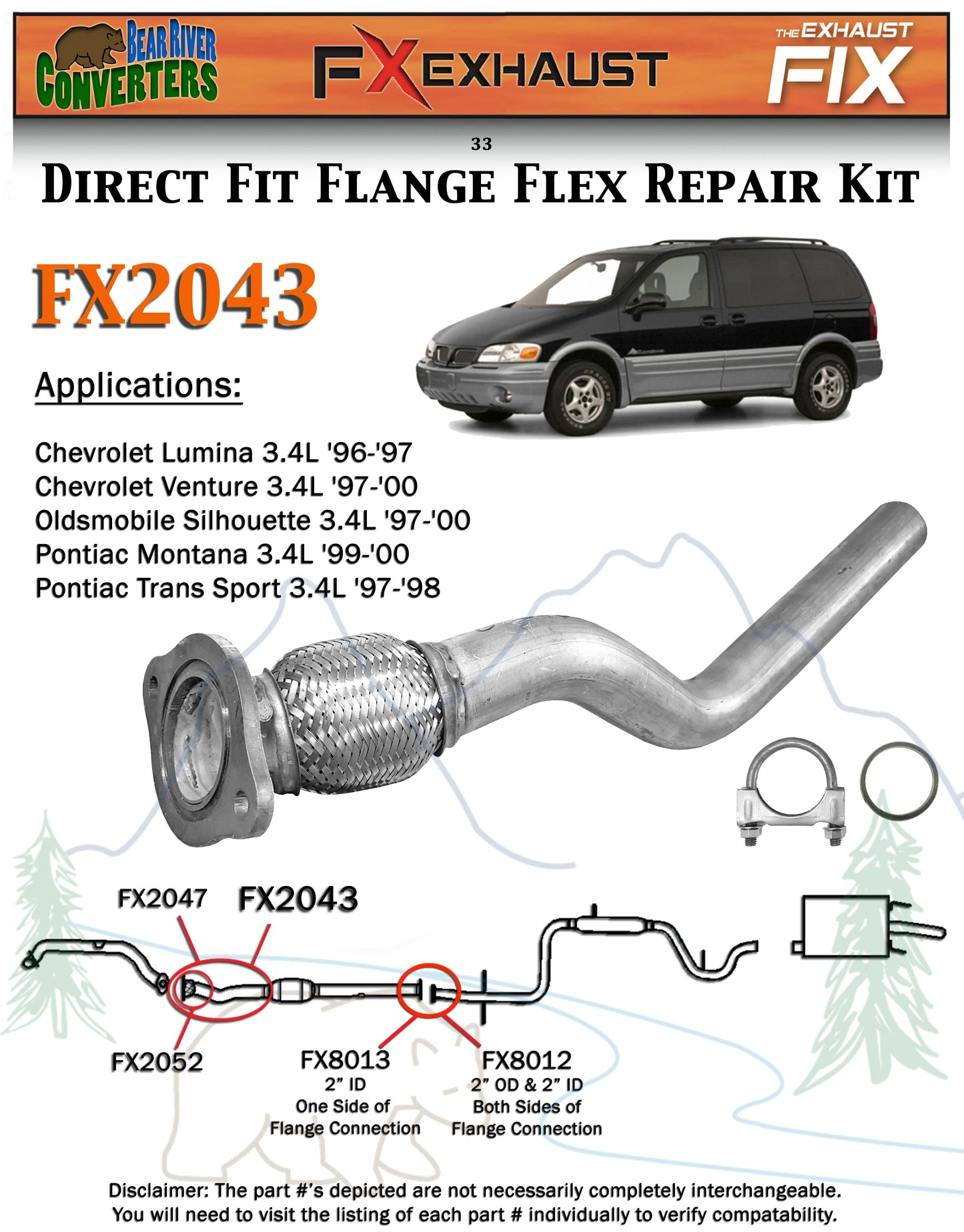 FX2043 Semi Direct Fit Exhaust Flange Repair Flex Pipe Replacement Kit With Gasket
