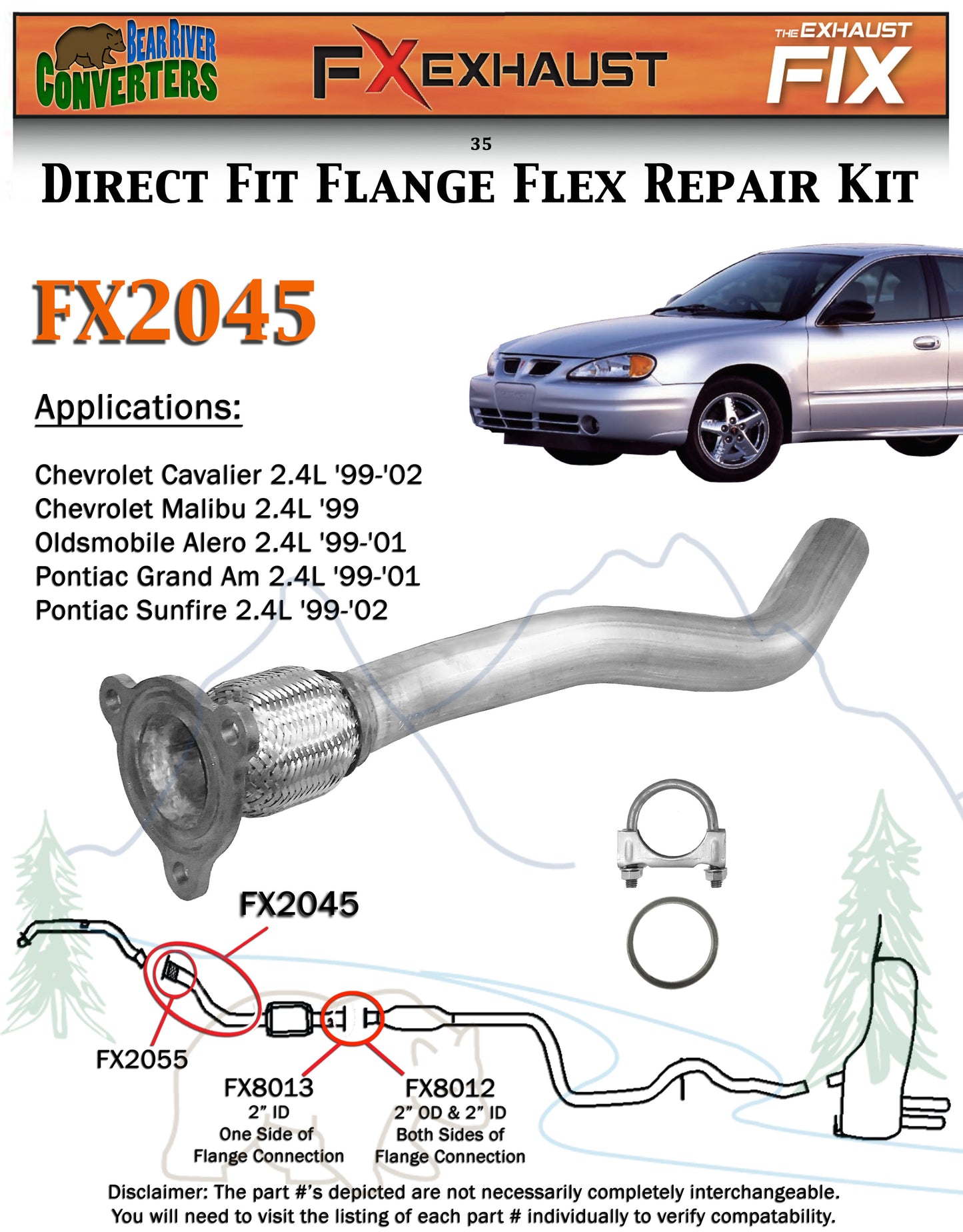 FX2045 Semi Direct Fit Exhaust Flange Repair Flex Pipe Replacement Kit With Gasket