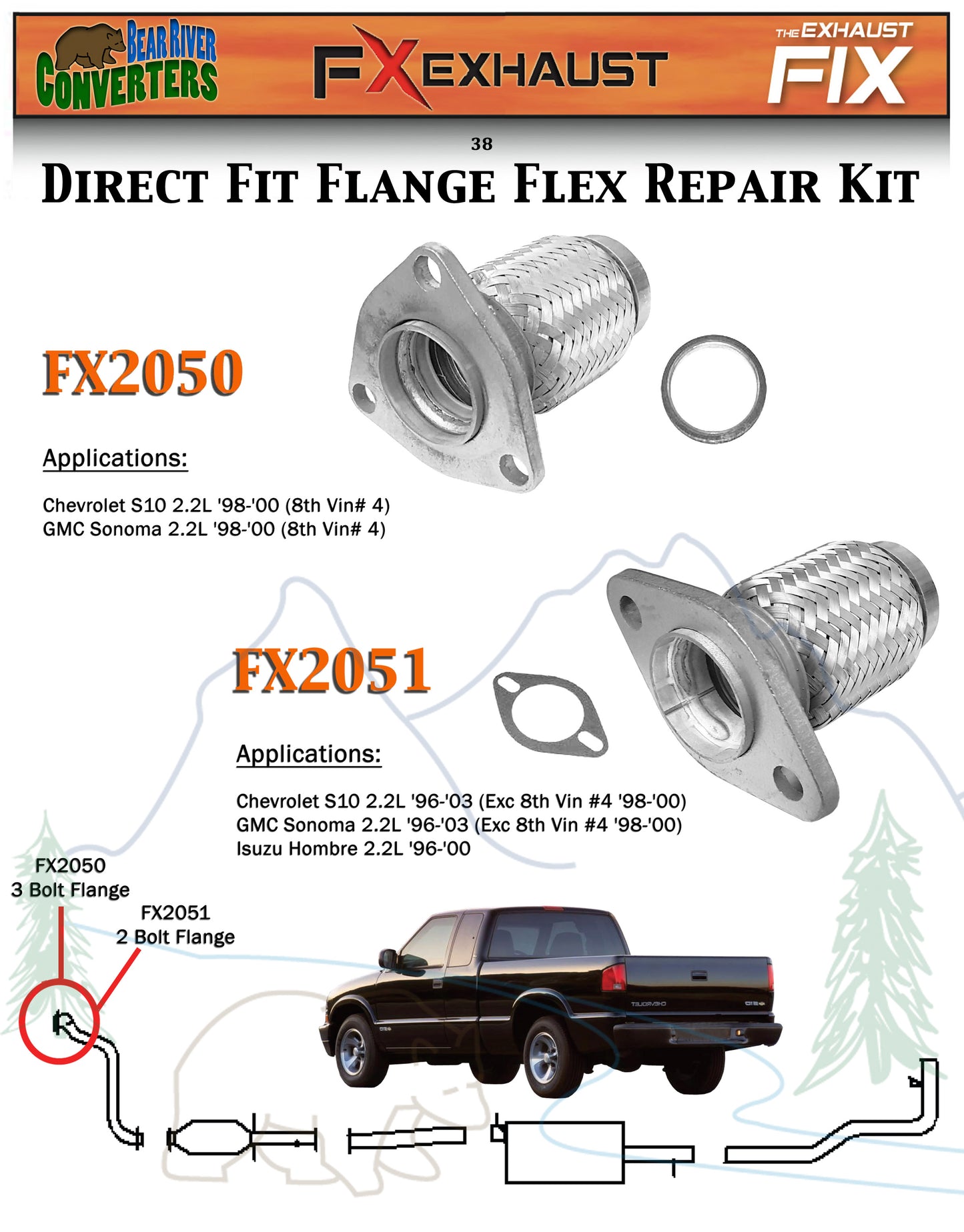 FX2051 Semi Direct Fit Exhaust Flange Repair Flex Pipe Replacement Kit With Gasket