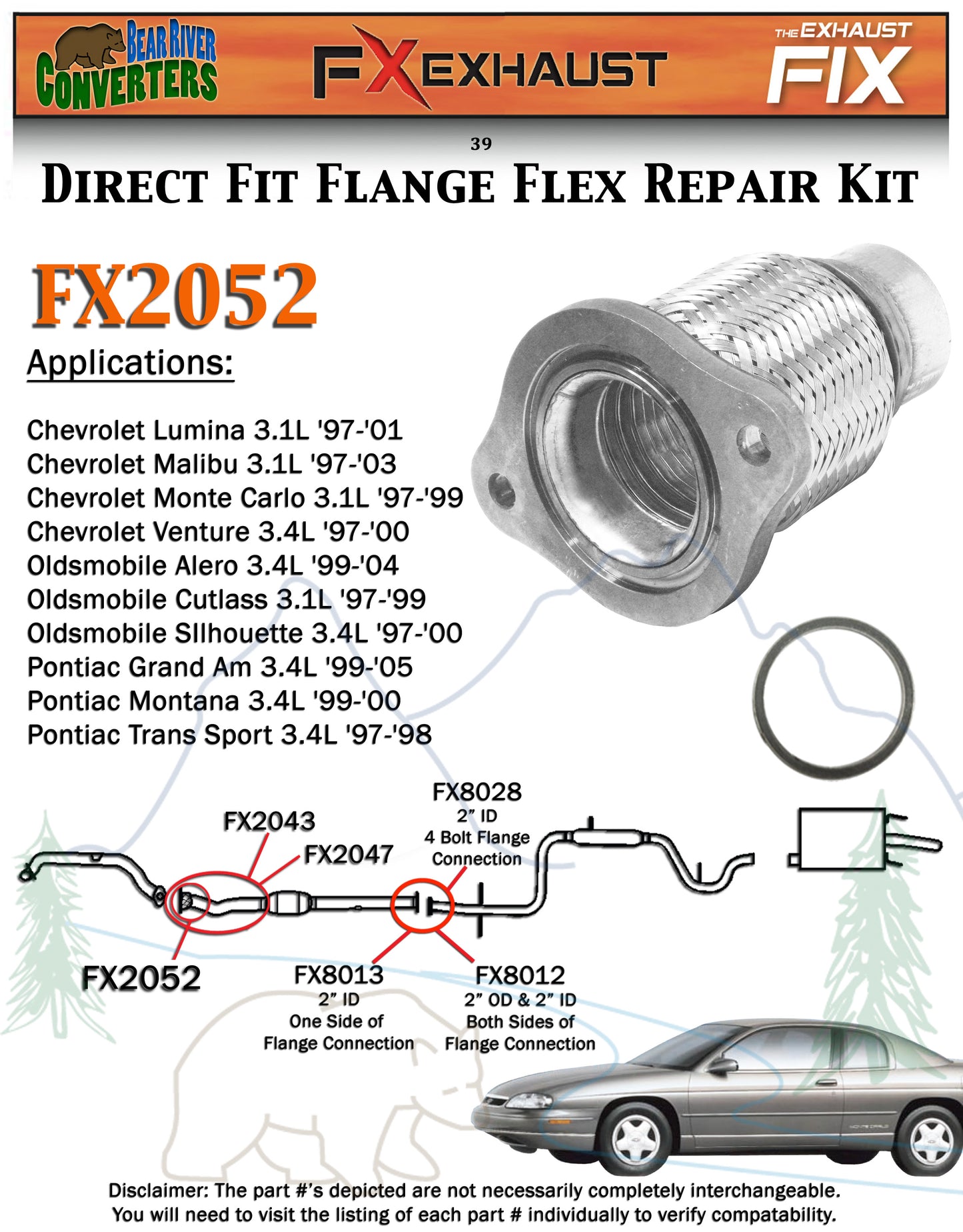 FX2052 Semi Direct Fit Exhaust Flange Repair Flex Pipe Replacement Kit With Gasket