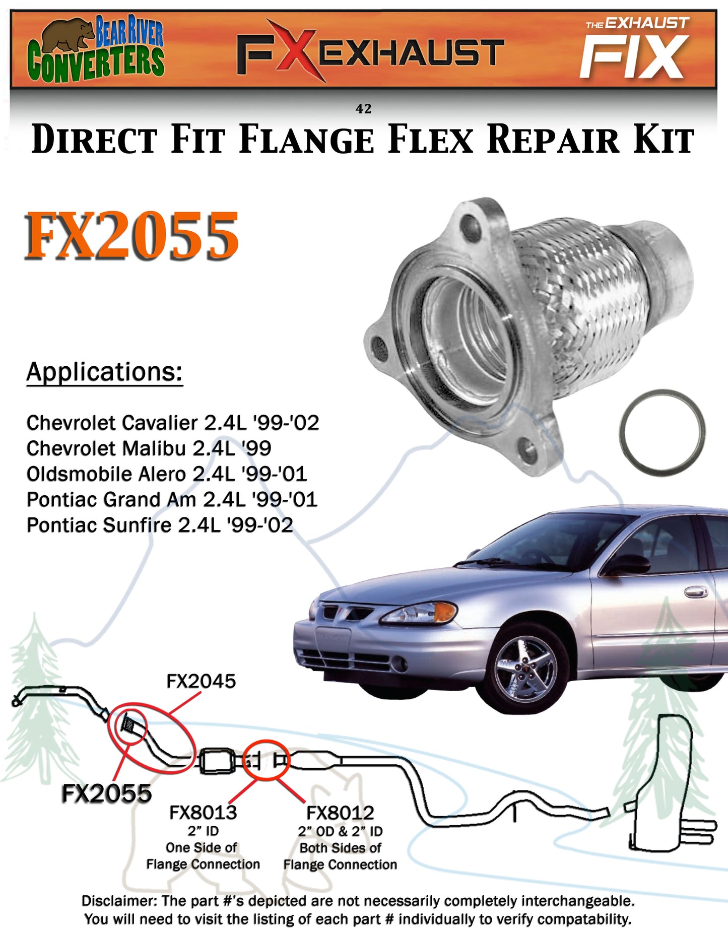 FX2055 Semi Direct Fit Exhaust Flange Repair Flex Pipe Replacement Kit With Gasket