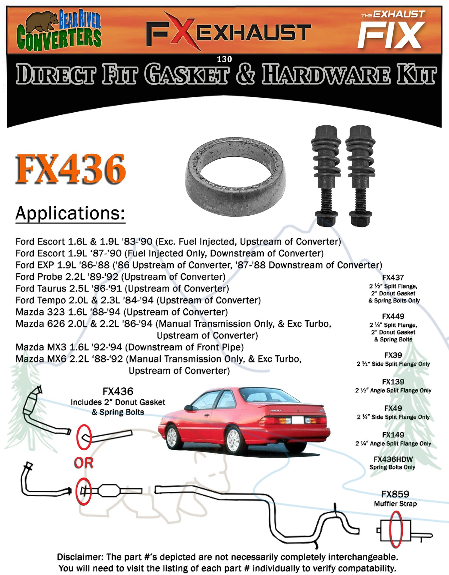 FX436 2" ID Exhaust Donut Gasket & Spring Bolt Stud Nut Hardware Repair Kit
