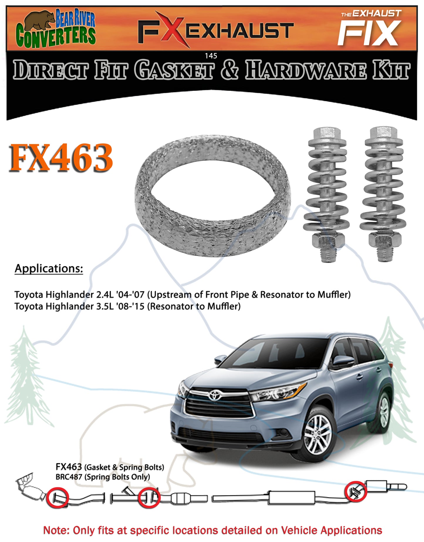 FX463 2 9/32" ID Exhaust Donut Gasket & Spring Bolts Stud Nut Hardware Kit