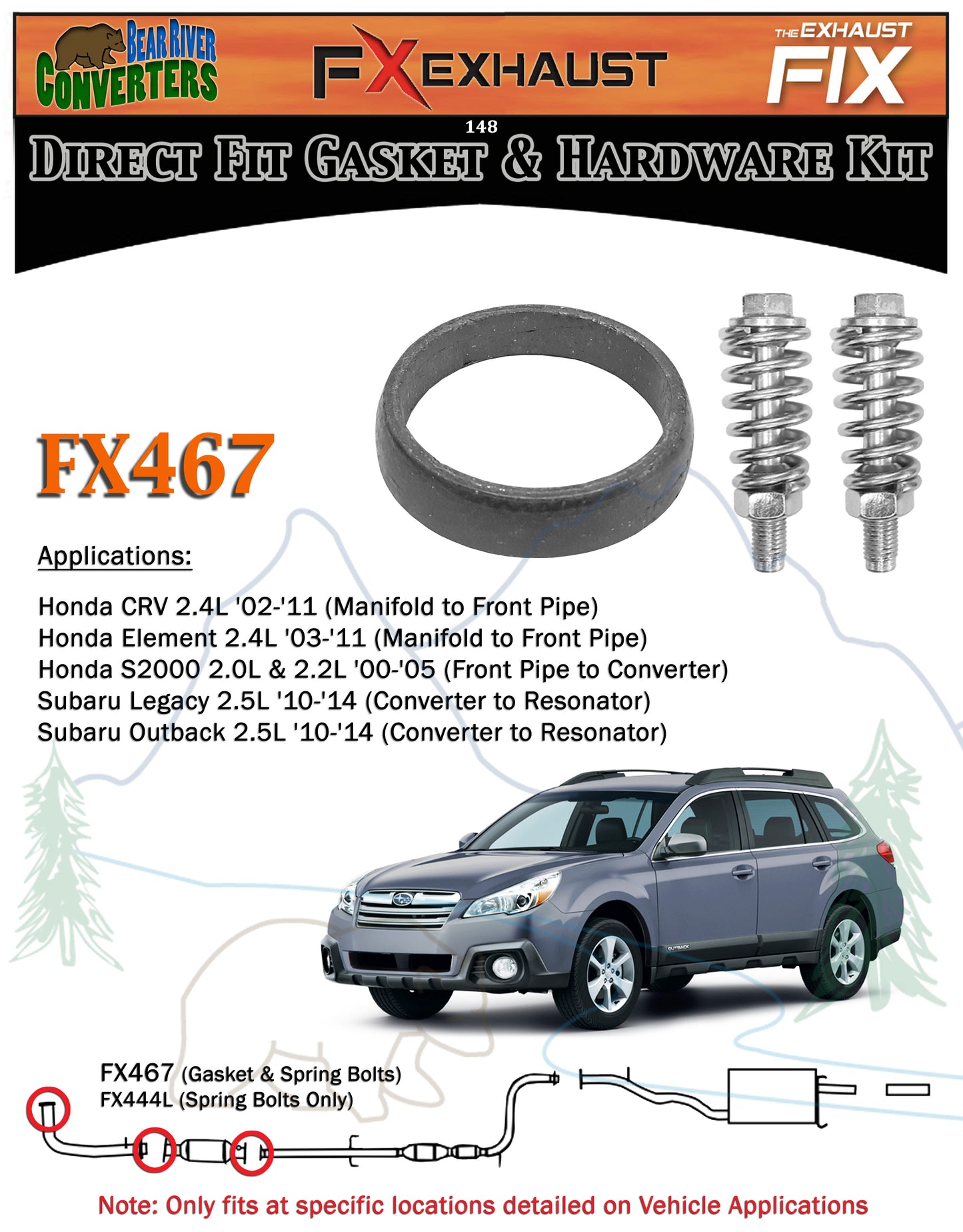 FX467 2 5/8" ID Exhaust Donut Gasket & Spring Bolts Stud Nut Hardware Kit