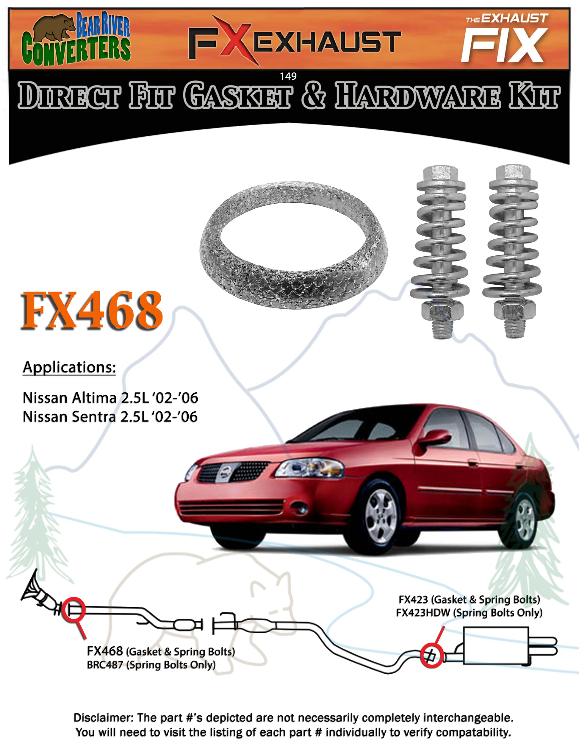FX468 2 3/4 ID Exhaust Donut Gasket & Spring Bolts Stud Nut Hardware –  Bear River Converters