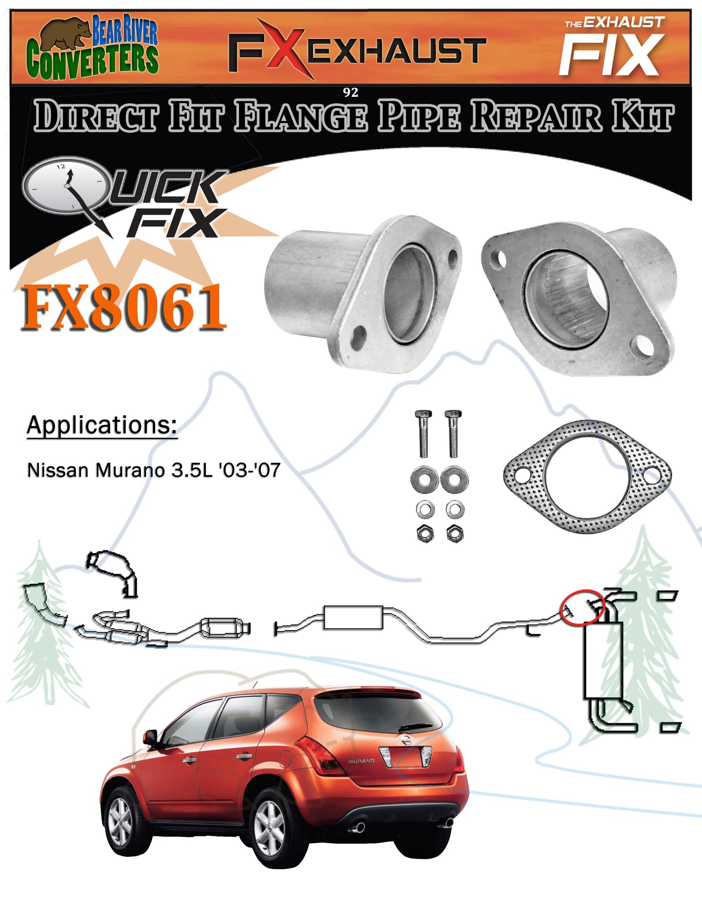 FX8061 2 1/8" Semi Direct Fit Exhaust Muffler Pipe Flange Repair Kit w/ Gasket