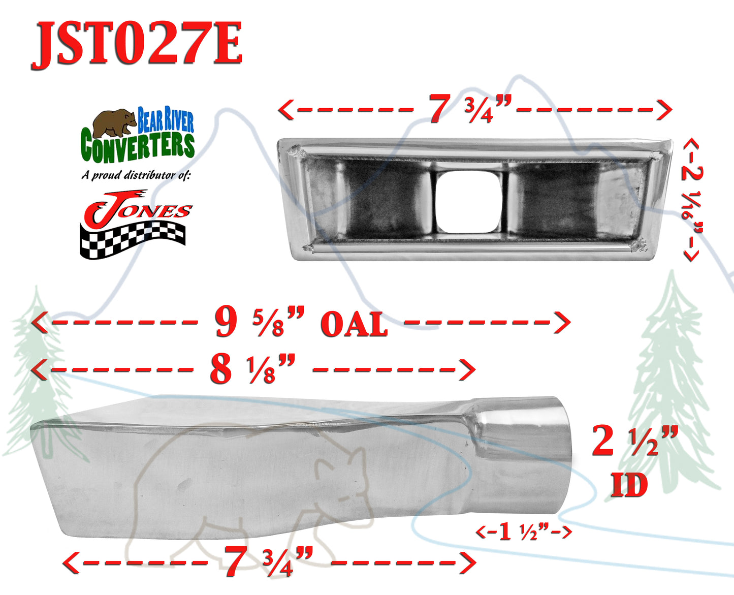 JST027E 2.5" Stainless Rectangle Exhaust Tip 2 1/2" Inlet 8" Outlet 9 1/2" Long