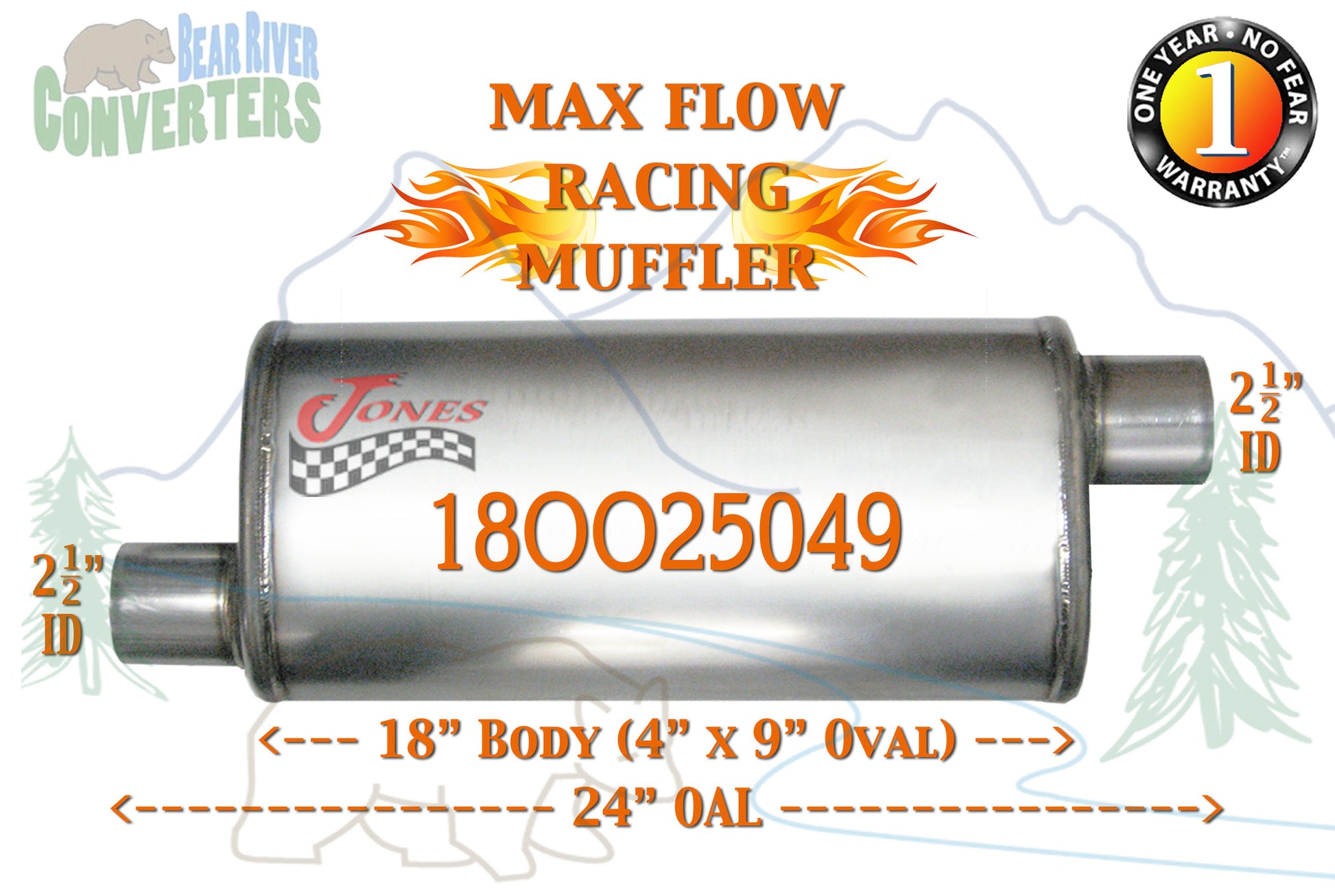 18OO25049 Jones MF1266 Max Flow Racing Muffler 18” Oval Body 2 1/2” 2.5” Pipe Offset/Offset 24” OAL - Bear River Converters