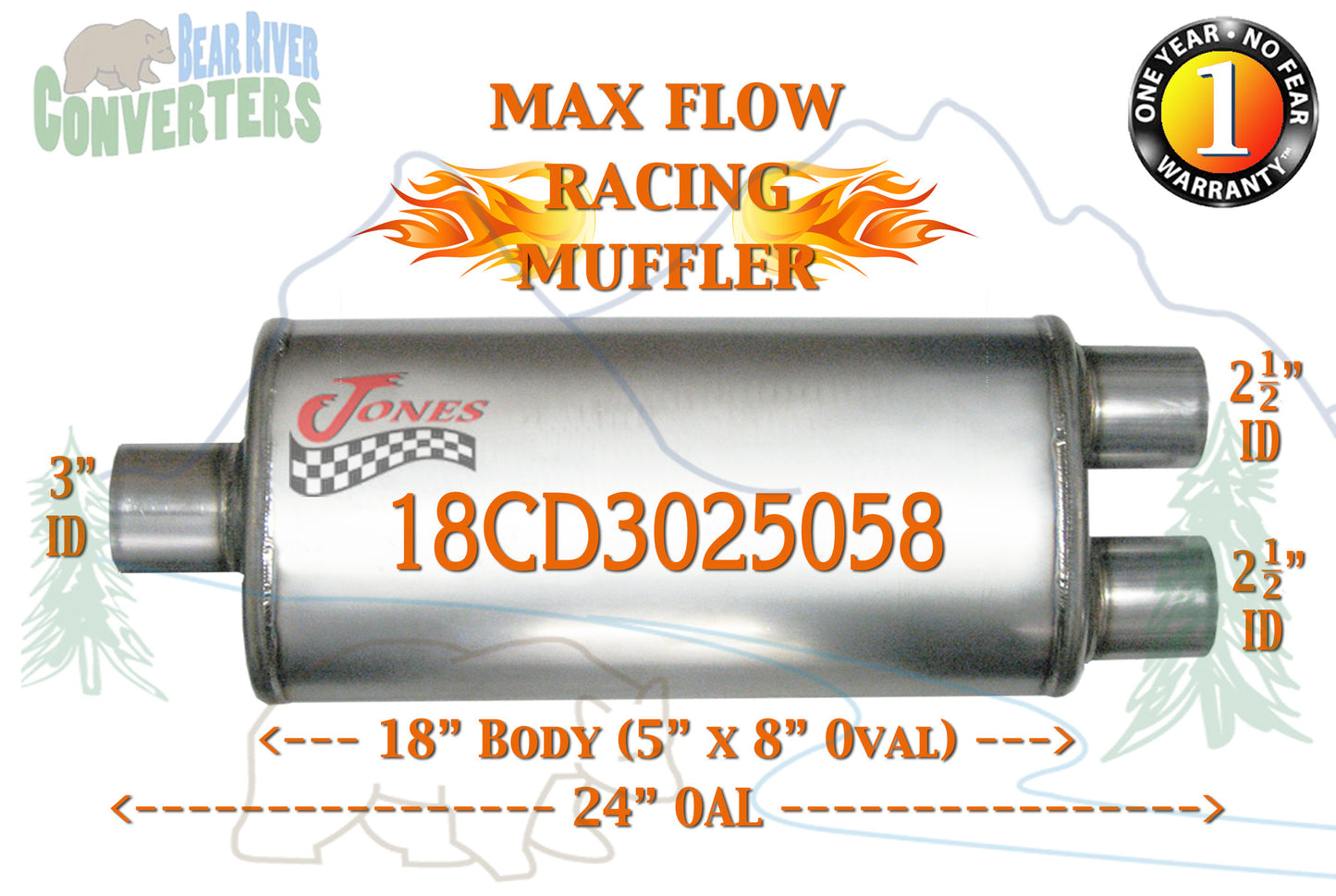 18CD3025058 Jones MF2288 Max Flow Racing Muffler 18” Oval Body 3” Center/ 2 1/2” Dual Pipe 24” OAL - Bear River Converters