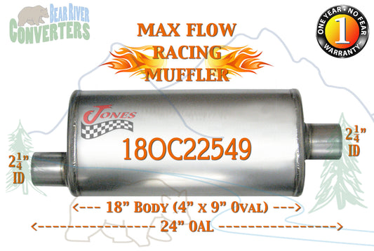 18OC22549 Jones MF1255 Max Flow Racing Muffler 18” Oval Body 2 1/4” 2.25” Pipe Offset/Center 24” OAL - Bear River Converters