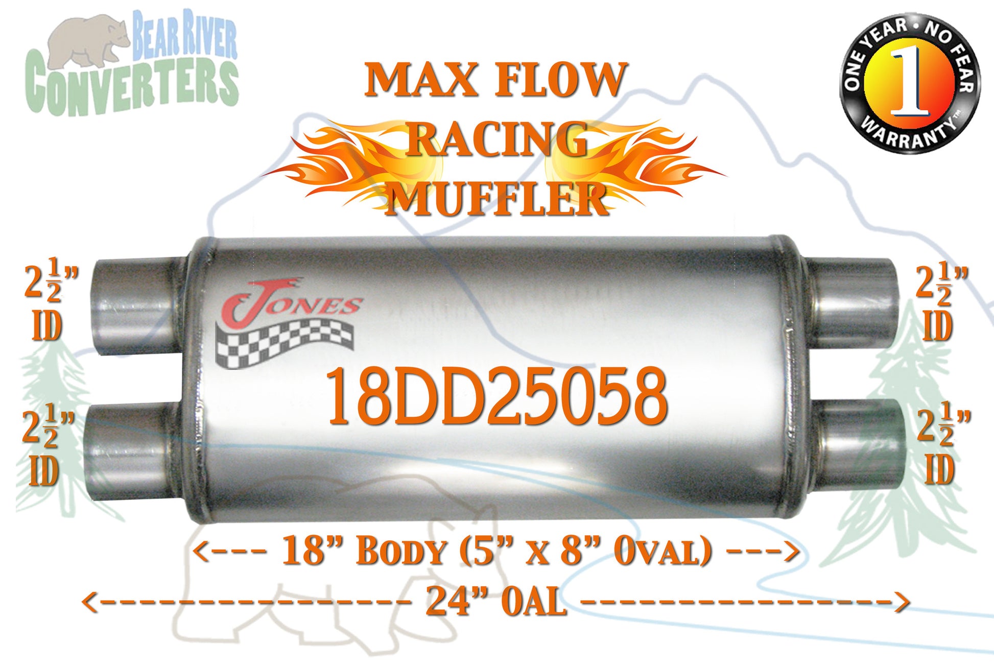 18DD25058 Jones MF2468 Max Flow Racing Muffler 18” Oval Body 2 1/2” 2.5” Pipe Dual/Dual 24” OAL - Bear River Converters