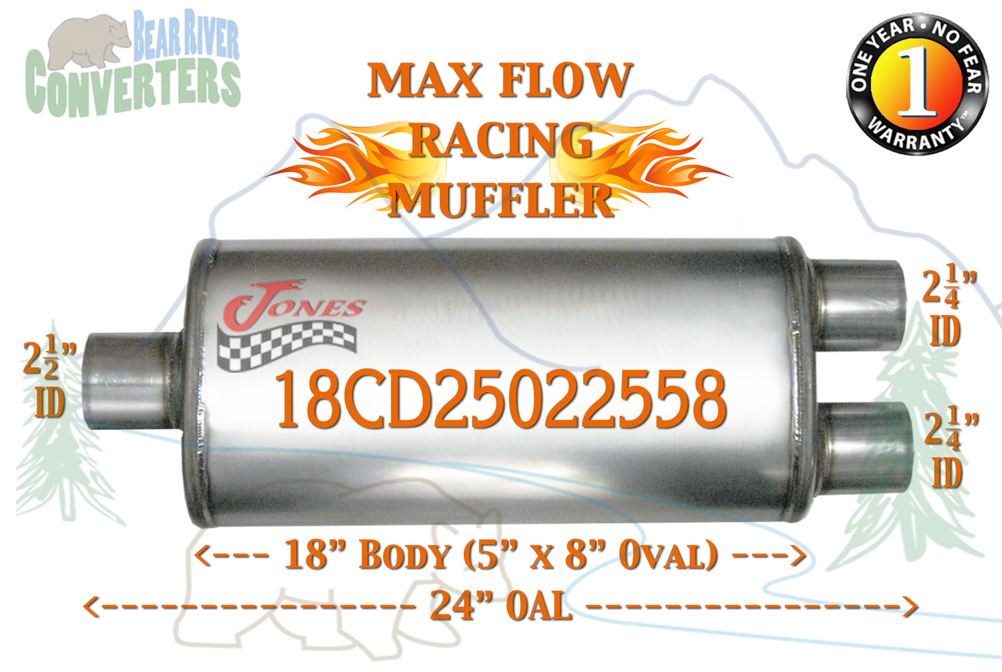 18CD25022558 Jones MF2251 Max Flow Racing Muffler 18” Oval Body 2 1/2" Center/ 2 1/4" Dual 24" OAL