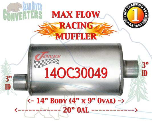 14OC30049 Jones MF1229 Max Flow Racing Muffler 14” Oval Body 3” Pipe Offset/Center 20” OAL - Bear River Converters