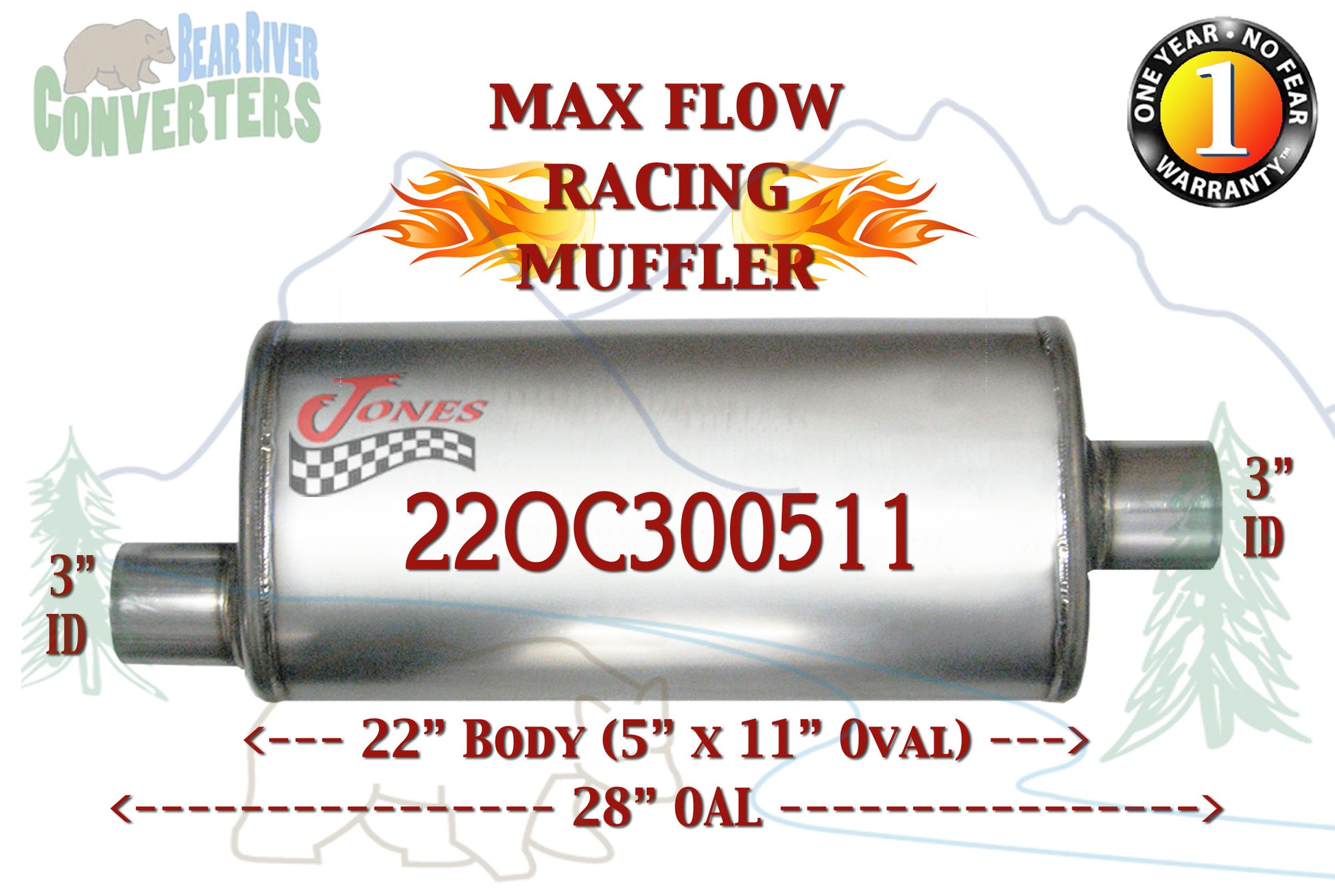 22OC300511 Jones MF2589 Max Flow Racing Muffler 22” Oval Body 3” Pipe Offset/Center 28” OAL - Bear River Converters