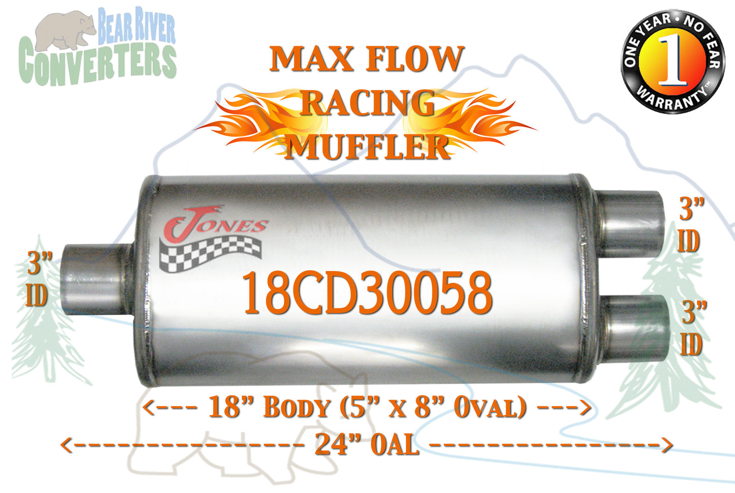 18CD30058 Jones MF2298 Max Flow Racing Muffler 18” Oval Body 3” Pipe Center/Dual 24” OAL - Bear River Converters