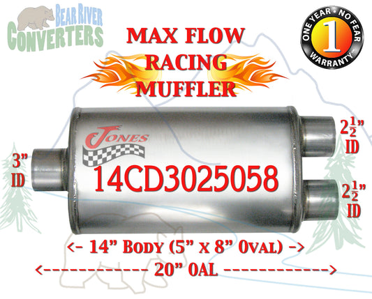 14CD3025058 Jones MF2198 Max Flow Racing Muffler 14” Oval Body 3” Center/ 2 1/2” Dual Pipe 20” OAL - Bear River Converters