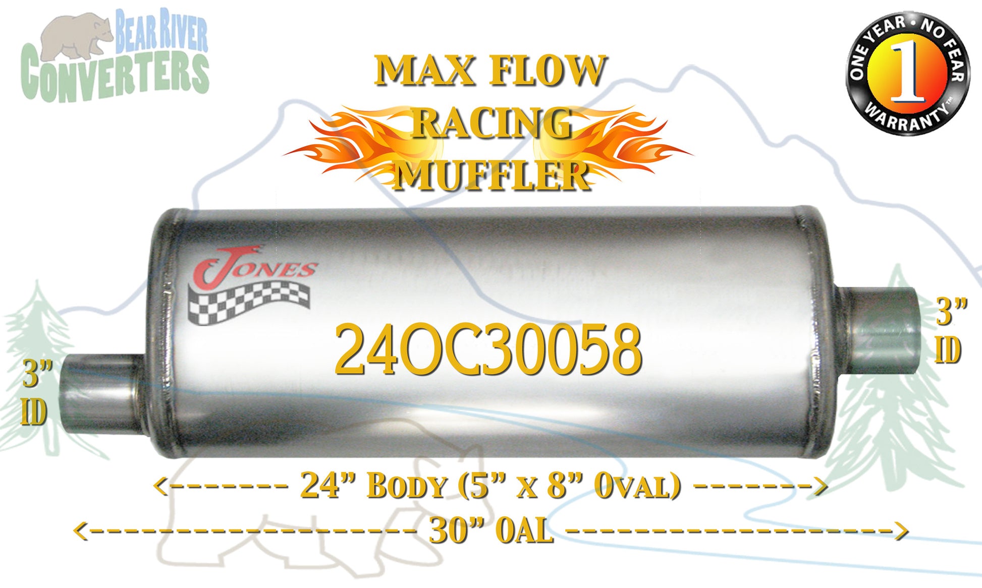 24OC30058 Jones MF2289 Max Flow Racing Muffler 24” Oval Body 3” Pipe Offset/Center 30” OAL - Bear River Converters