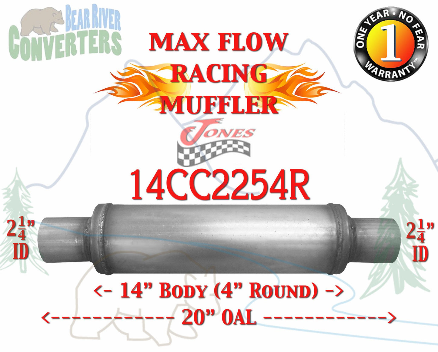 14CC2254R Jones JXS0445 Max Flow Racing Muffler 14” Round 2 1/4” 2.25” Pipe Center/Center 20” OAL - Bear River Converters