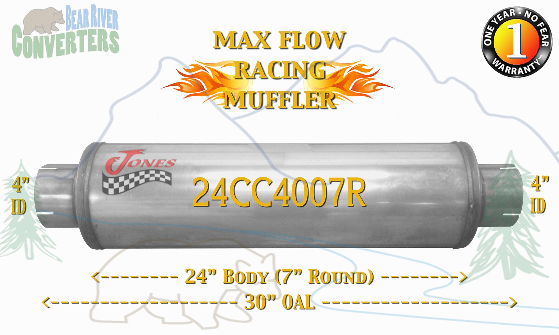 24CC4007R Jones JXS2772 Max Flow Racing Muffler 24” Round Body 4” Pipe Center/Center 30” OAL - Bear River Converters