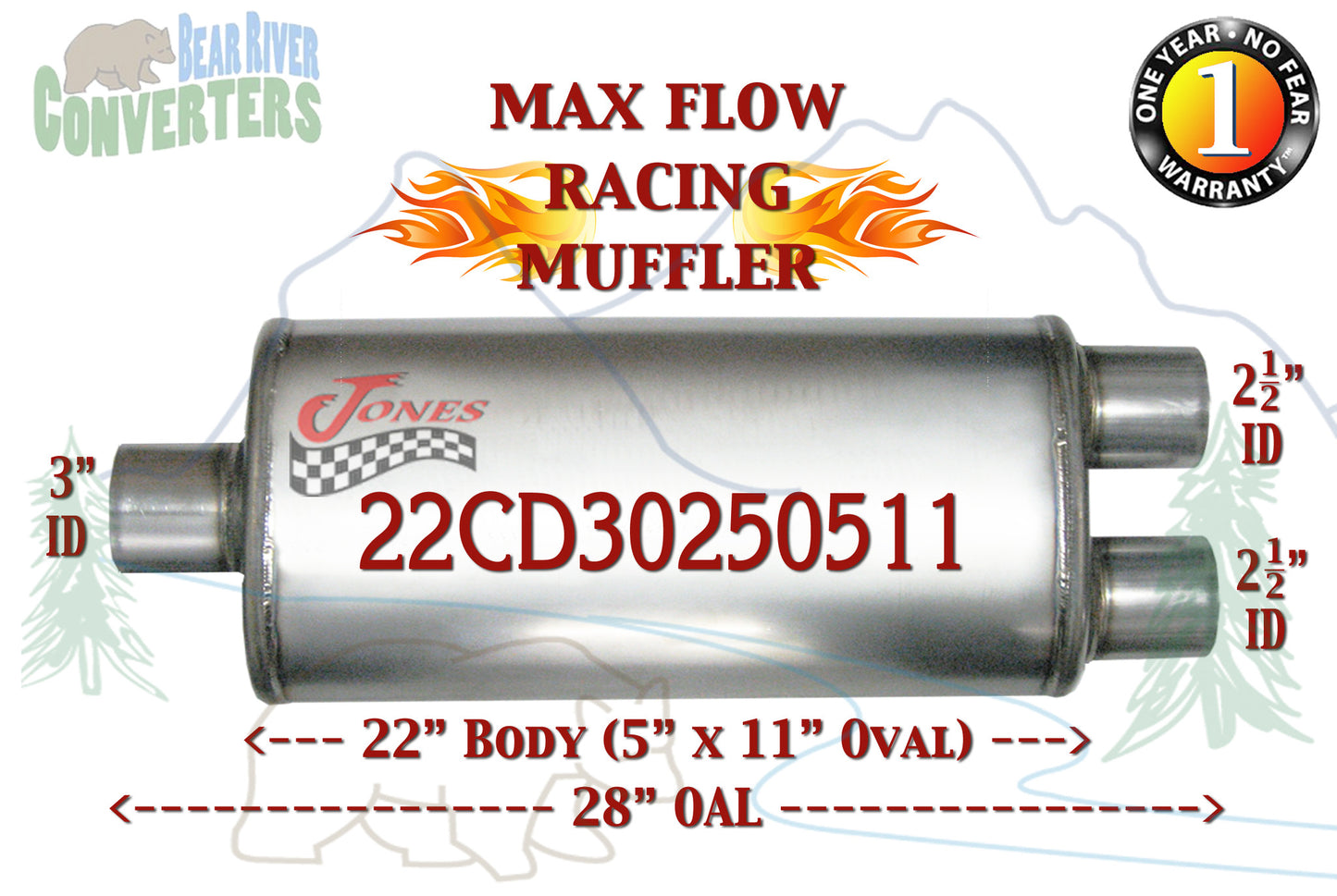 22CD30250511 Jones MF2588 Max Flow Racing Muffler 22” Oval Body 3” Center / 2 1/2” Dual Pipe 24” OAL - Bear River Converters