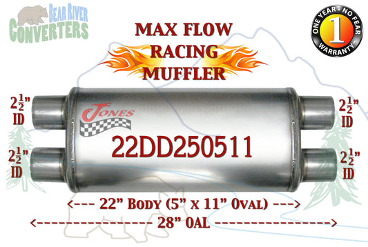 22DD250511 Jones MF2568 Max Flow Racing Muffler 22” Oval Body 2 1/2” 2.5” Pipe Dual/Dual 28” OAL - Bear River Converters