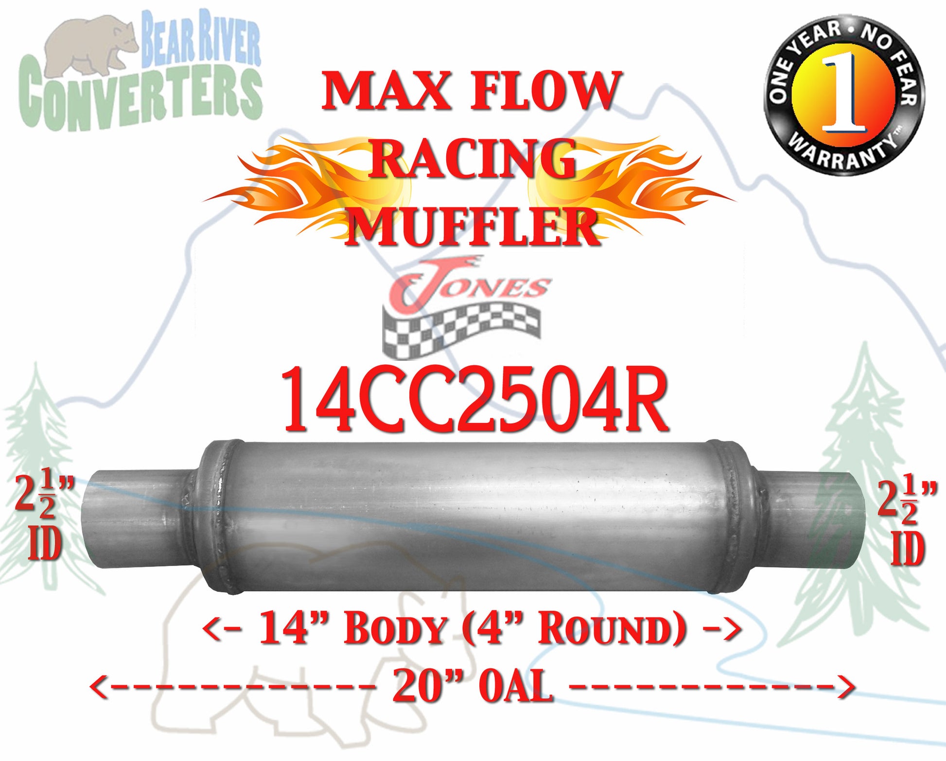 14CC2504R Jones JXS0416 Max Flow Racing Muffler 14” Round Body 2 1/2” 2.5” Pipe Center/Center 20” OAL - Bear River Converters