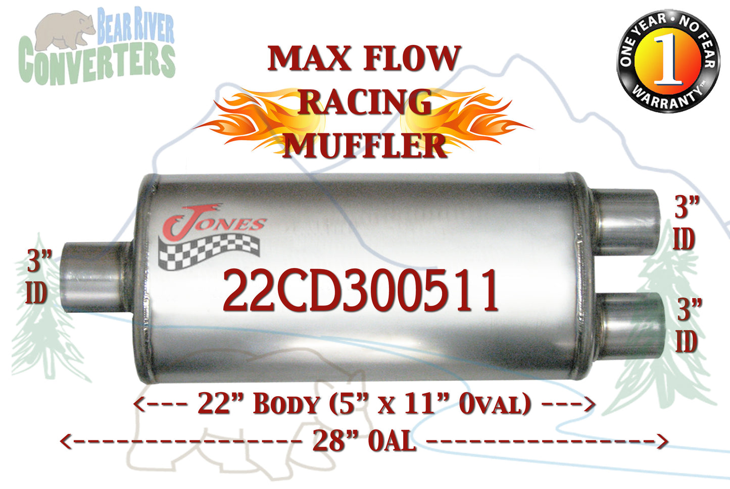 22CD300511 Jones MF2590 Max Flow Racing Muffler 22” Oval Body 3” Pipe Center/Dual 28” OAL - Bear River Converters