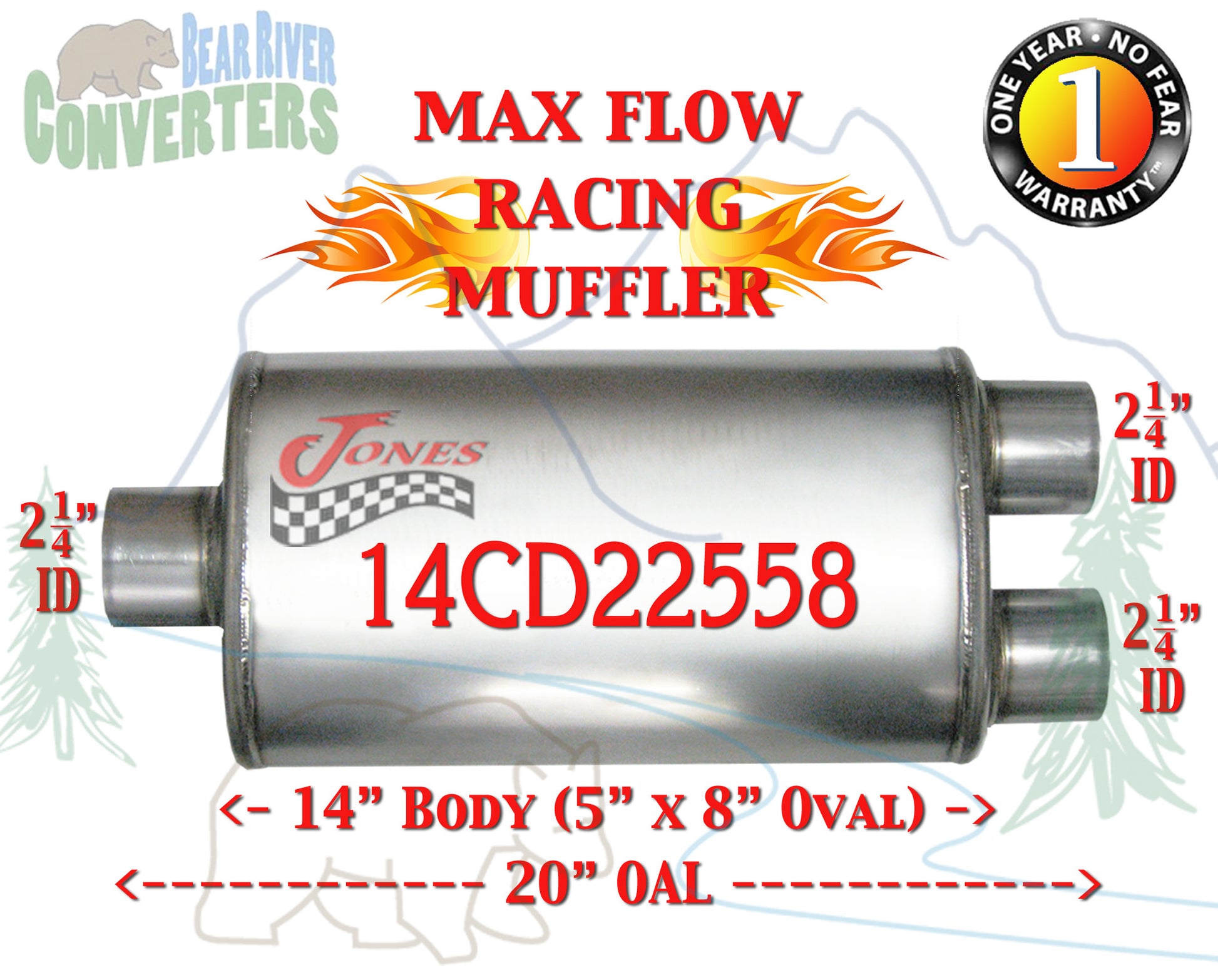 14CD22558 Jones MF2149 Max Flow Racing Muffler 14” Oval Body 2 1/4” 2.25” Pipe Center/Dual 20” OAL - Bear River Converters