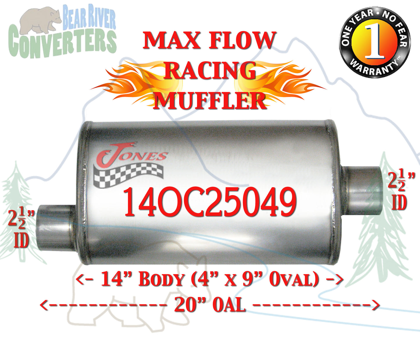 14OC25049 Jones MF1226 Max Flow Racing Muffler 14” Oval Body 2 1/2” 2.5” Pipe Offset/Center 20” OAL - Bear River Converters