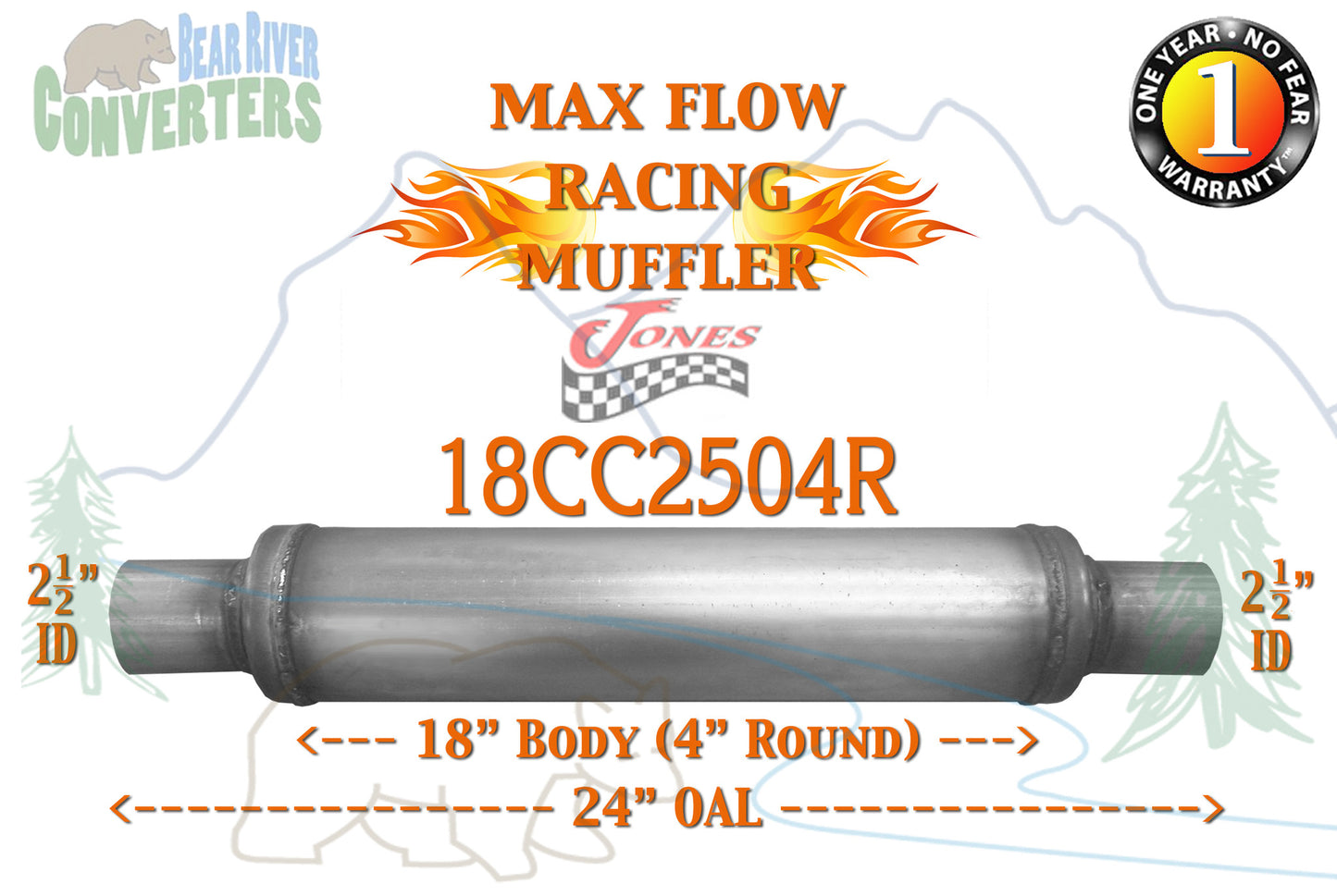 18CC2504R Jones JXS0426 Max Flow Racing Muffler 18” Round Body 2 1/2” 2.5” Pipe Center/Center 24” OAL - Bear River Converters