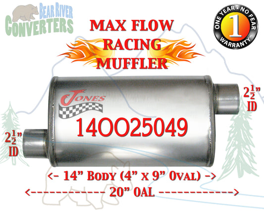 14OO25049 Jones MF1236 Max Flow Racing Muffler 14” Oval Body 2 1/2” 2.5” Pipe Offset/Offset 20” OAL - Bear River Converters