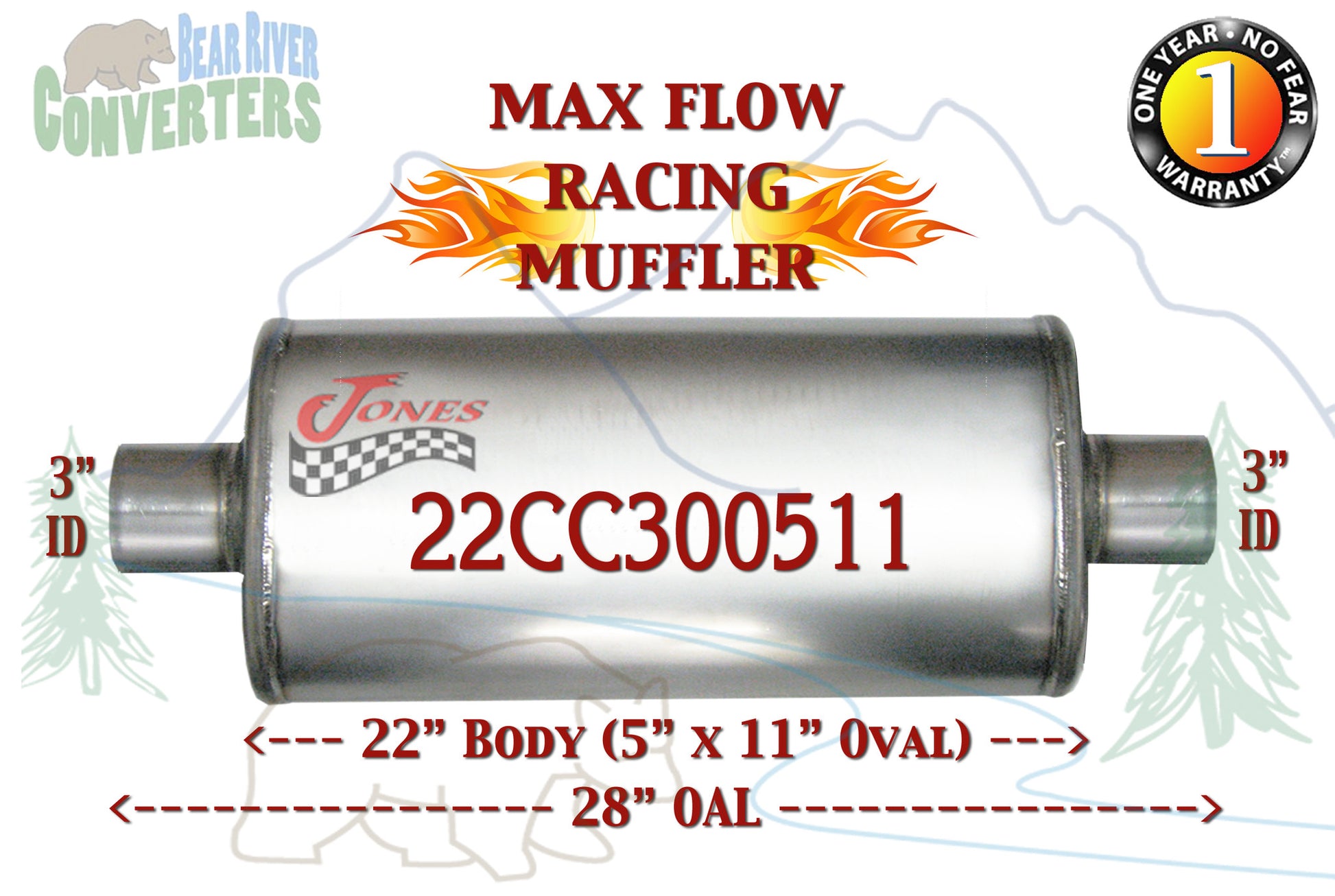 22CC300511 Jones MF2579 Max Flow Racing Muffler 22” Oval Body 3” Pipe Center/Center 28” OAL - Bear River Converters