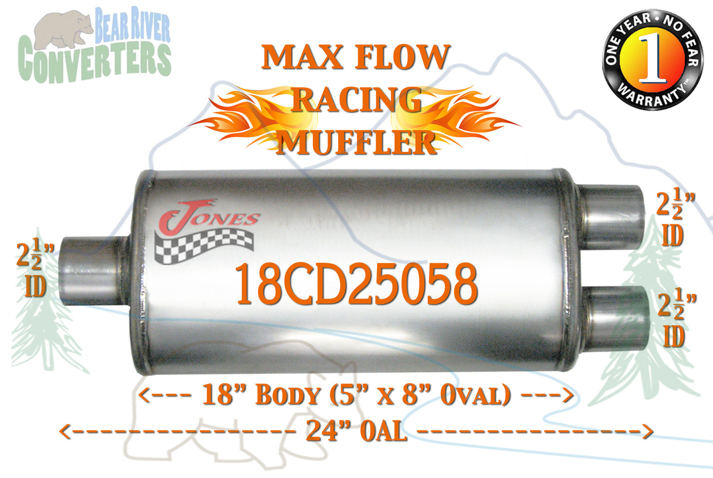 18CD25058 Jones MF2268 Max Flow Racing Muffler 18” Oval Body 2 1/2” 2.5” Pipe Center/Dual 24” OAL - Bear River Converters