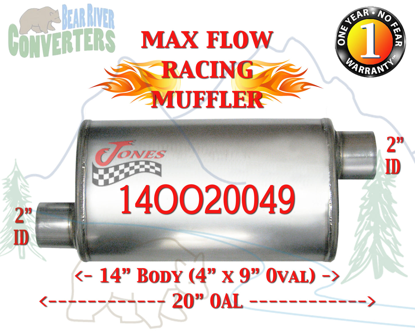 14OO20049 Jones MF1234 Max Flow Racing Muffler 14” Oval Body 2” Pipe Offset/Offset 20” OAL - Bear River Converters