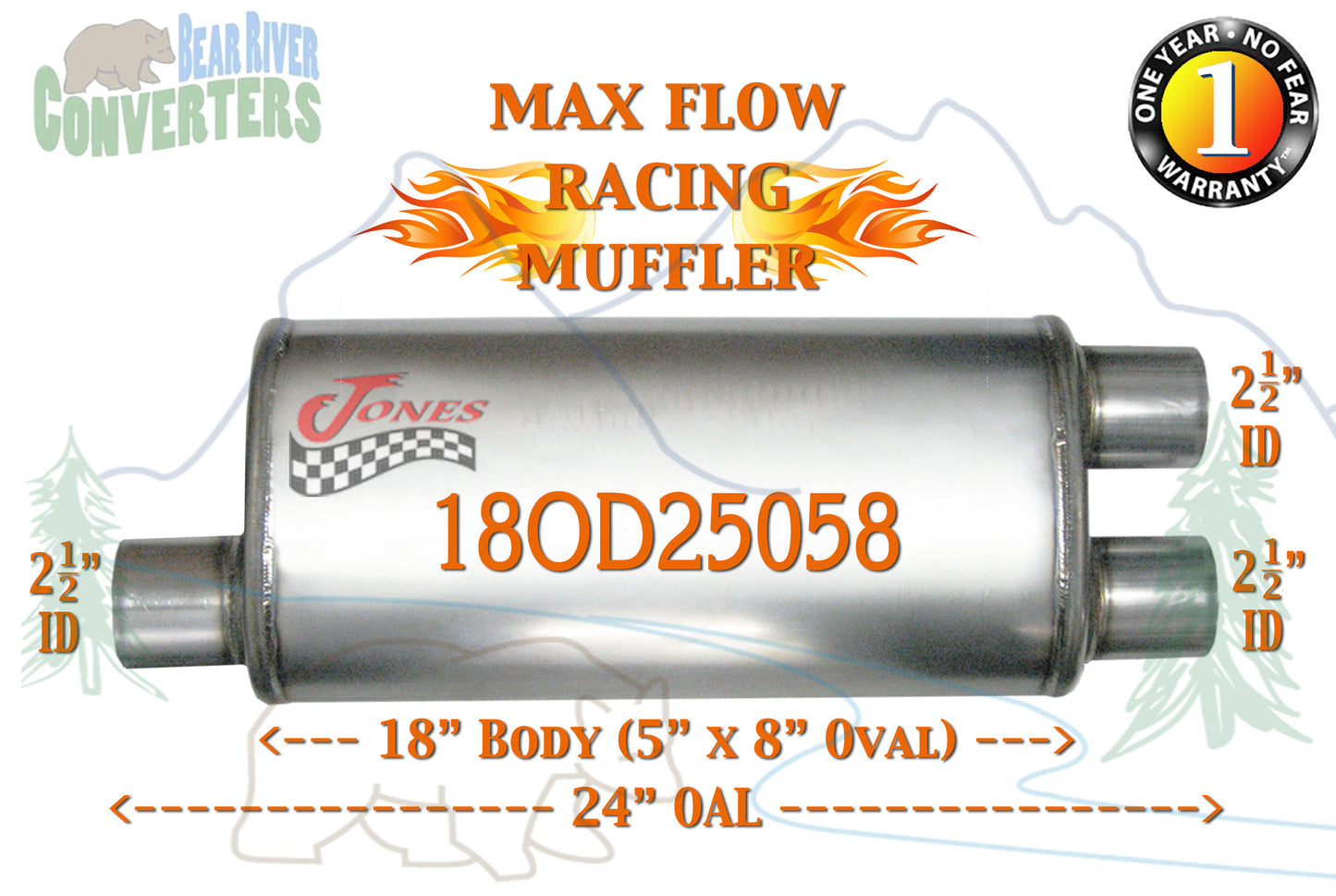 18OD25058 Jones MF2265 Max Flow Racing Muffler 18” Oval Body 2 1/2” 2.5” Pipe Offset/Dual 24” OAL - Bear River Converters