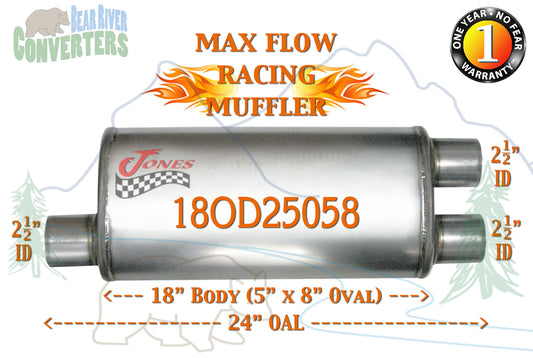 18OD25058 Jones MF2265 Max Flow Racing Muffler 18” Oval Body 2 1/2” 2.5” Pipe Offset/Dual 24” OAL - Bear River Converters