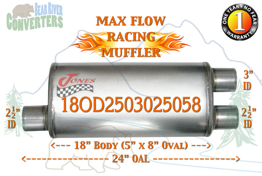 18OD2503025058 Jones MF2267 Muffler Max Flow Racing 18” Oval 2 1/2”Offset/3”& 2.5” Dual Pipe 24” OAL - Bear River Converters